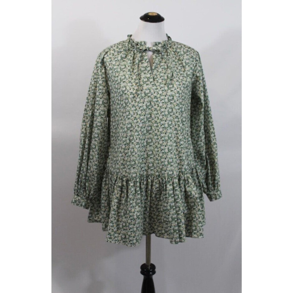 ORGANIC John Patrick XS Green Floral Daisy Print Long Sleeve Drop Waist Cotton